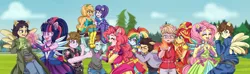 Size: 4700x1400 | Tagged: safe, artist:lucy-tan, derpibooru import, applejack, fluttershy, pinkie pie, rainbow dash, rarity, sci-twi, sunset shimmer, twilight sparkle, equestria girls, camp, clothes, commission, crossover, crystal guardian, equestria girls-ified, humane five, humane seven, humane six, image, png, the goonies