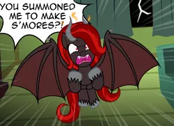 Size: 3120x2264 | Tagged: safe, artist:badumsquish, derpibooru import, part of a set, oc, oc:kim stone, unofficial characters only, demon, demon pony, monster pony, original species, pony, action lines, angry, bat wings, couch, curtains, darkness, demon wings, derpibooru exclusive, dialogue, dutch angle, female, fire, forked tongue, glare, horns, image, lightning, looking at you, png, ponytail, red eyes, screaming, sharp teeth, solo, storm, sweeping, talking to viewer, tantrum, teeth, unshorn fetlocks, window, wings, yelling