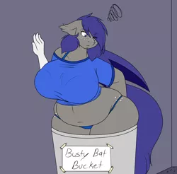 Size: 1988x1959 | Tagged: suggestive, artist:ensayne, derpibooru import, oc, oc:midnight blossom, unofficial characters only, anthro, bat pony, anthro oc, bat bucket, bat pony oc, bat wings, big breasts, breasts, bucket, busty bat bucket, butt, butt freckles, chubby, clothes, eye clipping through hair, fat, freckles, frustrated, huge breasts, huge butt, image, large belly, large butt, one eye closed, panties, patreon, patreon reward, png, shirt, socks (coat marking), t-shirt, the ass was fat, the ass was too fat, thicc ass, thighs, thunder thighs, underwear, wings
