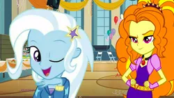 Size: 2500x1406 | Tagged: safe, artist:ktd1993, derpibooru import, adagio dazzle, trixie, equestria girls, female, image, jpeg, lesbian, shipping, triagio