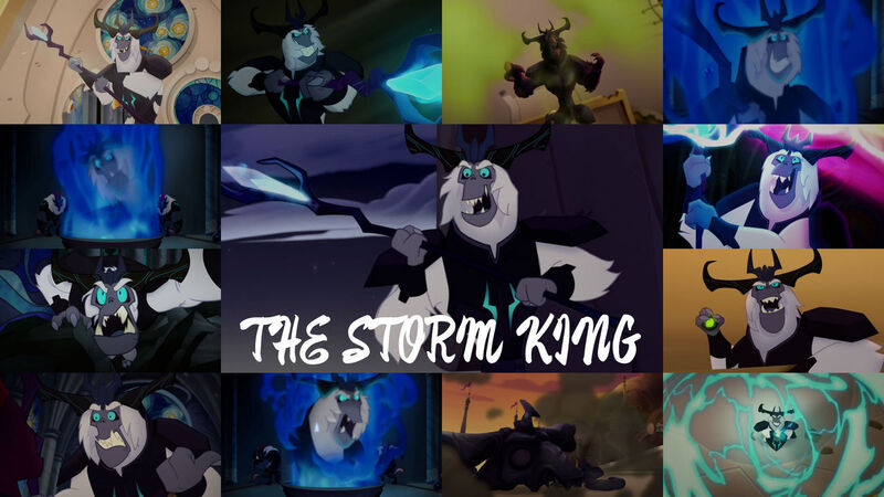 Size: 1280x720 | Tagged: safe, derpibooru import, edit, edited screencap, editor:quoterific, screencap, storm king, tempest shadow, pony, unicorn, yeti, my little pony: the movie, antagonist, armor, broken, broken horn, canterlot castle, claws, crown, death, decapitated, evil grin, fangs, female, grin, horn, horns, image, jewelry, jpeg, lightning, magic, male, mare, obsidian orb, open mouth, petrification, regalia, severed head, shattered, smiling, staff, staff of sacanas, storm, storm guard, turned to stone