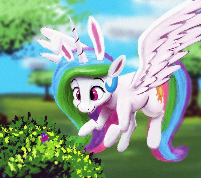 Size: 1999x1772 | Tagged: safe, artist:dummyhorse, derpibooru import, princess celestia, alicorn, pony, bunny ears, bush, easter, easter bunny, easter egg, easter egg hunt, egg, female, flying, holiday, image, jpeg, looking at something, looking down, mare, midair, outdoors, smiling, solo, spread wings, three quarter view, tree, wings