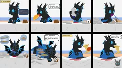 Size: 2633x1488 | Tagged: safe, artist:wheatley r.h., derpibooru import, oc, oc:w. rhinestone eyes, unofficial characters only, changeling, pony, bat wings, belly, big belly, blue changeling, changeling oc, changeling overfeeding, comic, contest, derpibooru exclusive, food, honeypot changeling, image, jpeg, looking down, magic, male, pie, sharp teeth, sitting, smiling, spread wings, stallion, teeth, telekinesis, tongue out, trophy, vector, watermark, wings