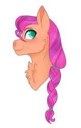 Size: 948x1500 | Tagged: safe, artist:wispyaxolotl, derpibooru import, sunny starscout, earth pony, pony, blushing, braid, bust, cheek fluff, chest fluff, female, g5, image, mare, png, portrait, simple background, smiling, solo, transparent background