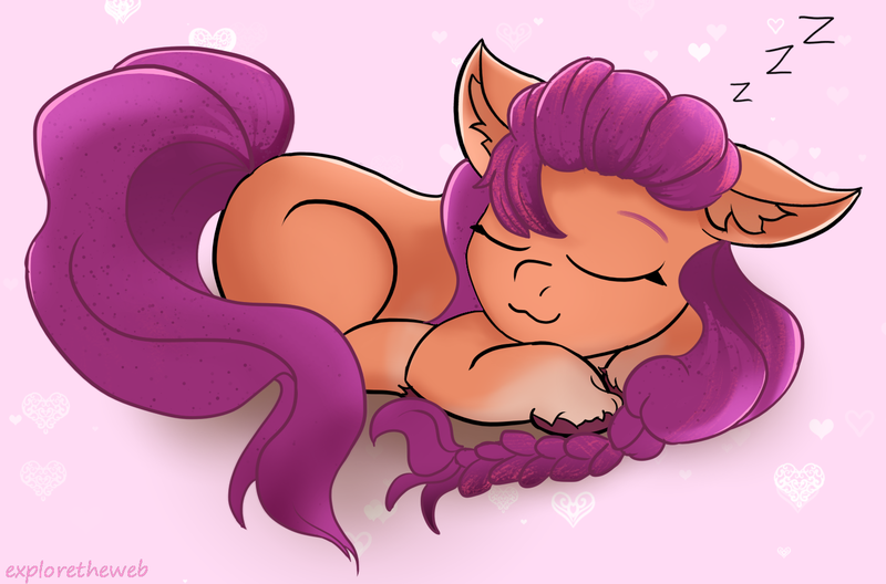 Size: 1458x963 | Tagged: safe, artist:exploretheweb, derpibooru import, sunny starscout, earth pony, pony, braid, ear fluff, eyes closed, female, floppy ears, g5, heart, image, mare, onomatopoeia, png, sleeping, solo, sound effects, unshorn fetlocks, zzz