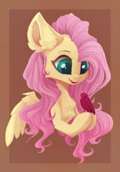 Size: 1280x1835 | Tagged: safe, artist:justeuge, derpibooru import, fluttershy, bird, pegasus, pony, bust, cheek fluff, chest fluff, ear fluff, female, hoof hold, image, looking at each other, looking at someone, looking down, mare, open mouth, png, portrait, smiling, solo, spread wings, three quarter view, wings