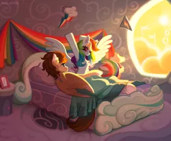 Size: 4500x3712 | Tagged: safe, artist:rrd-artist, derpibooru import, rainbow dash, oc, oc:skittle, pegasus, pony, absurd resolution, bed, bedroom, canon x oc, cloud, commission, female, image, looking at each other, male, mare, morning, morning ponies, png, shipping, skidash, smiling, spread wings, stallion, straight, stretching, wings