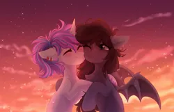 Size: 2048x1320 | Tagged: safe, derpibooru import, oc, oc:purpleflare, oc:sweetnight, bat pony, pony, unicorn, auburn mane, bat wings, blushing, ear piercing, earring, eyes closed, fangs, female, femboy, green eyes, horn, hug, image, jewelry, jpeg, male, nuzzling, oc x oc, one eye closed, piercing, shipping, sky, slit eyes, sparkles, stars, straight, sunset, two toned mane, unshorn fetlocks, wings