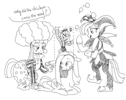 Size: 1000x796 | Tagged: artist needed, safe, derpibooru import, limestone pie, marble pie, maud pie, pinkie pie, bipedal, black and white, clown, clown makeup, drawthread, female, grayscale, image, jester, joke, juggling, mime, /mlp/, monochrome, pinkamena diane pie, png, requested art, sibling love, simple background, sisterly love, teary eyes, white background