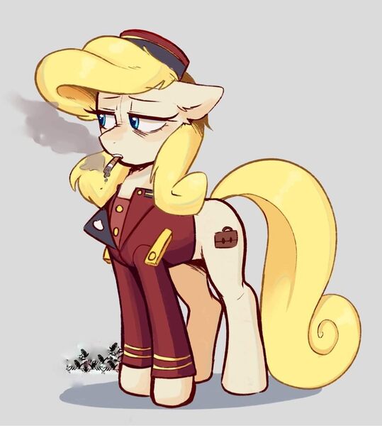 Size: 828x922 | Tagged: artist needed, source needed, safe, oc, oc:belle hop, unofficial characters only, earth pony, pony, cigarette, clothes, ear down, female, gray background, hat, jpeg, lidded eyes, mare, mouth hold, simple background, smoking, solo