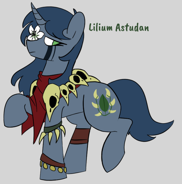 Size: 657x663 | Tagged: safe, artist:aripegio del mandolino, oc, oc:lilium astudan, unofficial characters only, pony, unicorn, back hoof raised, curved horn, flower, flower in hair, gray background, horn, lidded eyes, lily (flower), looking back, png, raised hoof, shoulder cape, simple background, skull, solo, tribal marking