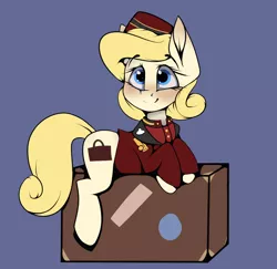 Size: 2775x2698 | Tagged: safe, artist:arume_lux, artist:lux-arume, oc, oc:belle hop, unofficial characters only, earth pony, pony, bell hop, bellhop, blue background, blushing, clothes, female, hat, lying down, mare, png, prone, simple background, solo, suit, suitcase