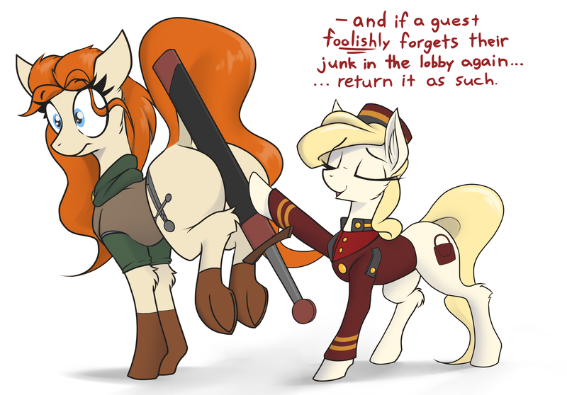 Size: 4800x3345 | Tagged: suggestive, artist:fenixdust, oc, oc:belle hop, oc:nordpone, unofficial characters only, earth pony, pony, butt, clothes, dialogue, dock, female, females only, mare, plot, png, scabbard, simple background, sword, weapon, wedgie, white background