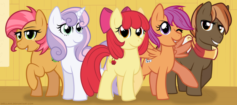 Size: 6971x3095 | Tagged: safe, artist:shellah, apple bloom, babs seed, button mash, scootaloo, sweetie belle, earth pony, pegasus, pony, unicorn, alternate cutie mark, cutie mark crusaders, jpeg, older