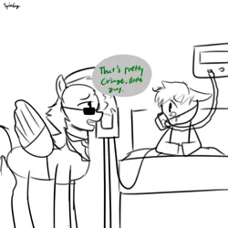 Size: 1300x1300 | Tagged: safe, artist:spitfag, spitfire, pegasus, pony, /mlp/, 4chan, bed, clothes, crying, female, hospital, hospital bed, image, intravenous, iv drip, lineart, mare, out of touch, oxygen mask, png, reversed gender roles equestria, reversed gender roles equestria general, speech bubble, story in the source, sunglasses, terminal illness, uniform, wonderbolts dress uniform
