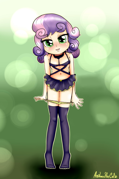 Size: 2000x3000 | Tagged: questionable, artist:anibaruthecat, banned from derpibooru, edit, sweetie belle, equestria girls, abstract background, belly button, clothes, collar, female, human edit, image, lolicon, looking at you, panties, png, skimpy outfit, skirt, stockings, sweetiedom, thigh highs, underage, underwear, undressing