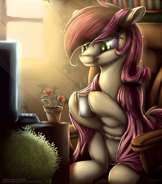 Size: 3383x3827 | Tagged: safe, artist:to_fat_to_fly, roseluck, earth pony, pony, bookshelf, chair, computer, crepuscular rays, cup, female, flower, hoof hold, image, jpeg, keyboard, mare, open mouth, potted plant, rose, sitting, solo, steam