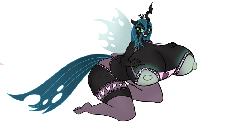 Size: 1816x976 | Tagged: artist needed, questionable, anonymous editor, color edit, edit, queen chrysalis, anthro, changeling, changeling queen, unguligrade anthro, 4chan, big breasts, bra, breasts, clothes, colored, erect nipples, female, garters, huge breasts, image, impossibly large breasts, kneeling, kneesocks, looking at you, nipple outline, png, simple background, socks, /trash/, underwear, white background