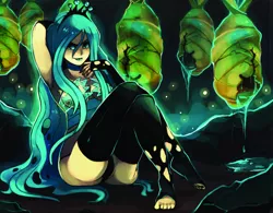 Size: 3450x2688 | Tagged: suggestive, artist:suikuzu, banned from derpibooru, deleted from derpibooru, derpibooru import, queen chrysalis, changeling, human, barefoot, bugbutt, butt, clothes, cocoon, do not post, feet, female, glare, humanized, looking at you, my little sweetheart, my little sweetheart 2, sitting, smiling, solo, solo female, stockings, thigh highs, toeless stockings
