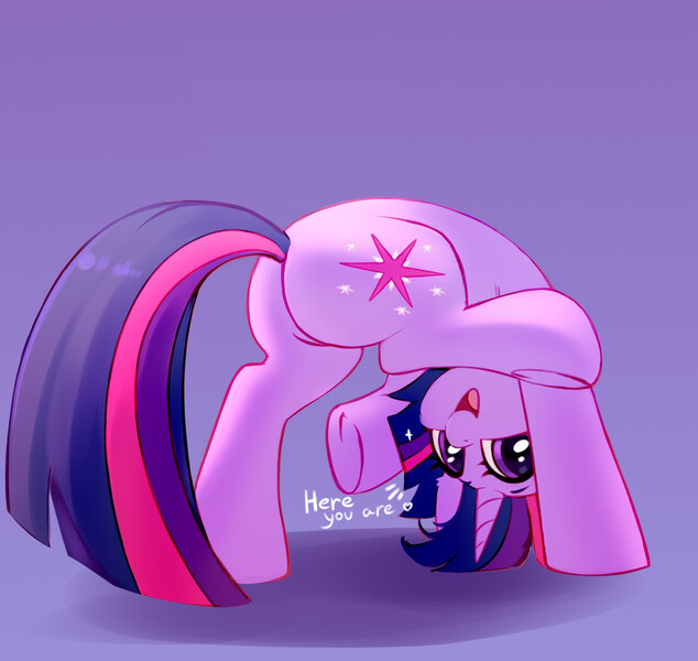 Size: 2248x2128 | Tagged: safe, artist:taneysha, edit, editor:drtoughlove, twibooru exclusive, twilight sparkle, pony, unicorn, butt, cute, dialogue, ear fluff, female, heart, high res, image, jpeg, looking at you, looking between legs, mare, open mouth, plot, purple background, silly, silly pony, simple background, solo, twiabetes, twibutt, unicorn twilight, upside down, wingless, wingless edit