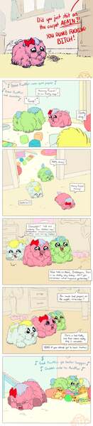Size: 640x2926 | Tagged: questionable, artist:mcgonagall, earth pony, fluffy pony, human, pegasus, unicorn, abuse, bad poopies, black eyeris, bow, brother and sister, comic, crying, female, food, green hair, happy, image, jpeg, male, music, pasta, pink hair, poop, punishment, safe room, siblings, sketties, spaghetti, unhappy, you asked for it