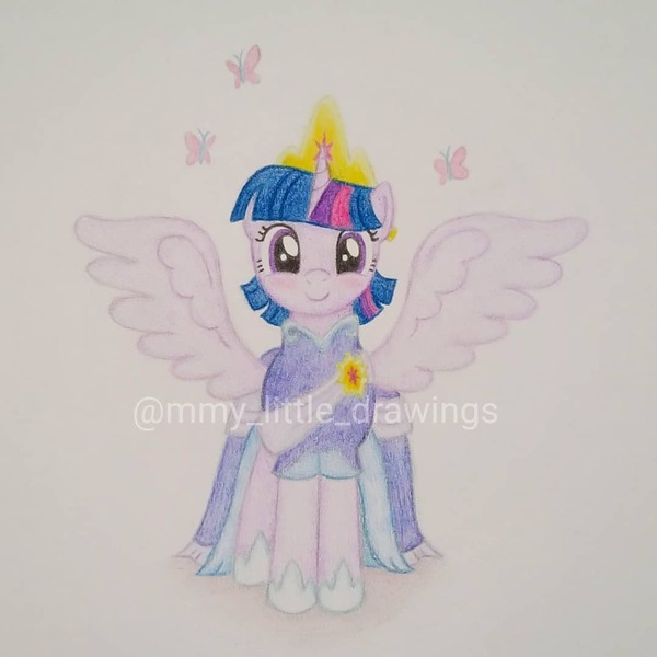 Size: 1079x1079 | Tagged: safe, artist:mmy_little_drawings, derpibooru import, twilight sparkle, twilight sparkle (alicorn), alicorn, pony, clothes, dress, female, horn, image, jewelry, jpeg, mare, solo, spread wings, tiara, traditional art, watermark, wings