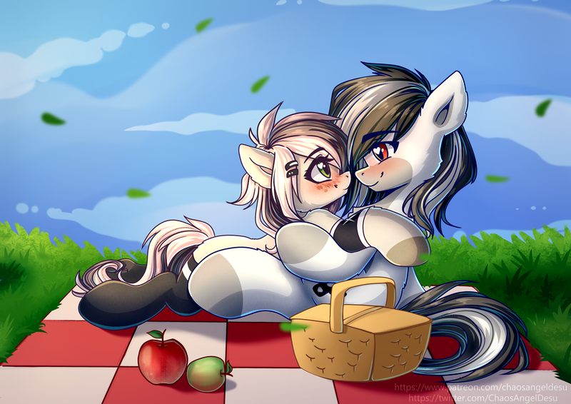 Size: 1414x1000 | Tagged: safe, artist:chaosangeldesu, deleted from derpibooru, derpibooru import, oc, unofficial characters only, earth pony, pony, apple, basket, blushing, clothes, cuddling, female, food, hair accessory, image, looking at each other, male, outdoors, picnic, picnic basket, picnic blanket, png, smiling, socks