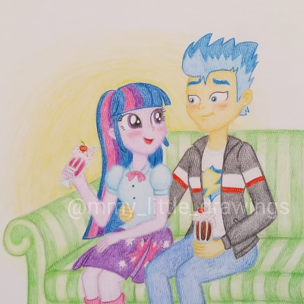 Size: 953x953 | Tagged: safe, artist:mmy_little_drawings, derpibooru import, flash sentry, twilight sparkle, equestria girls, blushing, clothes, cutie mark, cutie mark on clothes, eating, eyelashes, female, flashlight, hug, image, jpeg, male, milkshake, open mouth, shipping, smiling, straight, traditional art, watermark