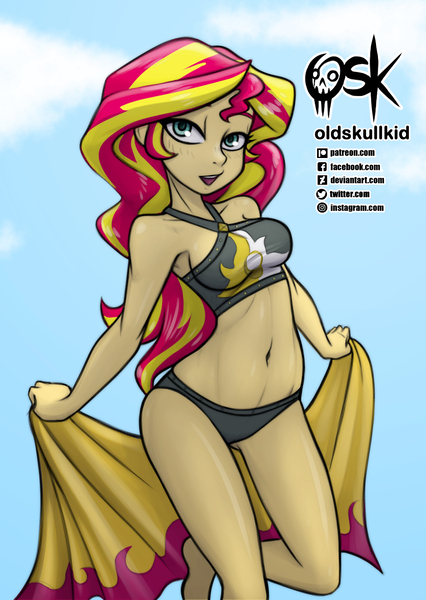 Size: 1064x1500 | Tagged: suggestive, artist:oldskullkid, derpibooru import, sunset shimmer, equestria girls, beach towel, belly button, bikini, blue eyes, breasts, busty sunset shimmer, clothes, female, image, jpeg, looking at you, stupid sexy sunset shimmer, summer sunset, swimsuit, towel