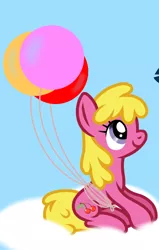 Size: 634x1000 | Tagged: safe, artist:apronspawn, derpibooru import, edit, cherry berry, first base, earth pony, pony, background pony, balloon, cloud, female, image, lying down, lying on a cloud, mare, offscreen character, on a cloud, png, simple background, sitting, sitting on cloud, sky, sky background, smiling, solo, solo female, solo focus