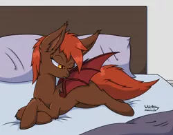 Size: 1280x1002 | Tagged: safe, artist:zackwhitefang, derpibooru import, oc, oc:zack whitefang, bat pony, bat pony oc, bat wings, bed, female, grooming, image, jpeg, preening, signature, wings