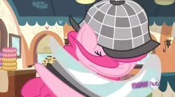 Size: 496x276 | Tagged: safe, derpibooru import, screencap, pinkie pie, earth pony, pony, mmmystery on the friendship express, cartoon physics, deerstalker, detective, female, frame, great moments in animation, hat, hub logo, hub network, image, magnifying glass, png