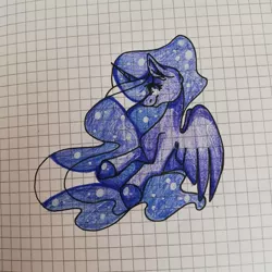Size: 1080x1080 | Tagged: safe, artist:tessa_key_, derpibooru import, princess luna, alicorn, pony, bust, colored hooves, ethereal mane, eyelashes, female, graph paper, horn, image, jpeg, mare, smiling, solo, starry mane, traditional art, wings