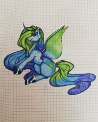 Size: 1080x1350 | Tagged: safe, artist:tessa_key_, derpibooru import, oc, unofficial characters only, pony, butterfly wings, colored hooves, eyelashes, female, graph paper, horn, image, jpeg, mare, sitting, smiling, solo, traditional art, wings