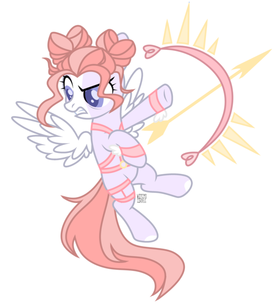 Size: 3168x3496 | Tagged: safe, artist:witchs_circle, derpibooru import, oc, oc:heartsworn defender, unofficial characters only, pegasus, pony, arrow, bow (weapon), cupid, female, flying, gritted teeth, image, mare, markings, png, simple background, solo, transparent background, wristband