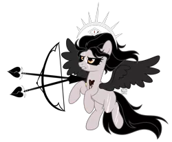 Size: 2712x2232 | Tagged: safe, artist:witchs_circle, derpibooru import, oc, oc:heartbreaker avenge, unofficial characters only, pegasus, pony, arrow, black sclera, blank flank, blood, bow (weapon), colored sclera, cupid, eye scar, female, flying, gritted teeth, heart, image, mare, png, scar, simple background, solo, transparent background