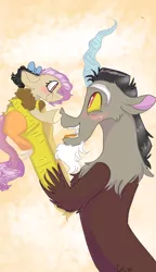 Size: 540x938 | Tagged: safe, artist:cocolove2176, derpibooru import, oc, oc:coraliss rose, draconequus, hybrid, pony, blushing, bust, draconequus oc, female, holding a pony, image, interspecies offspring, offspring, open mouth, parent:discord, parent:fluttershy, parents:discoshy, png, smiling