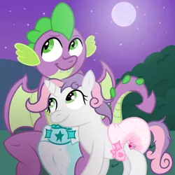Size: 2200x2200 | Tagged: suggestive, artist:sweetielover, derpibooru import, spike, sweetie belle, dragon, pony, unicorn, adult, adult foal, adult spike, diaper, diaper fetish, duo, female, fetish, hug, image, male, moon, moonlight, night, nightime, older, older spike, outdoors, png, poofy diaper, romance, shipping, smiling, spikebelle, straight, wings extended