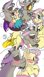 Size: 540x938 | Tagged: safe, artist:cocolove2176, derpibooru import, discord, fluttershy, draconequus, pegasus, pony, alternate design, blushing, colored hooves, discoshy, eyes closed, female, image, male, mare, one eye closed, png, shipping, simple background, smiling, straight, two toned wings, white background, wings, wink