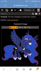 Size: 720x1280 | Tagged: safe, artist:anime-equestria, derpibooru import, princess luna, alicorn, pony, derpibooru, april fools 2021, blushing, cute, donut, eyes closed, female, food, hoof shoes, image, jewelry, jpeg, lunabetes, mare, meta, preenhub, regalia, solo