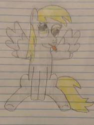 Size: 1017x1344 | Tagged: safe, artist:myoozik, deleted from derpibooru, derpibooru import, derpy hooves, pegasus, pony, april fools 2021, cute, derp, derpabetes, derpibooru exclusive, eyelashes, female, gray coat, grooming, hooves, image, jpeg, licking, lined paper, mane, mare, photo, preening, sitting, spread wings, tail, tongue out, traditional art, wings, yellow hair