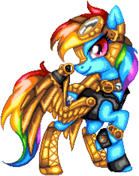 Size: 1110x1410 | Tagged: safe, artist:dasheroni, artist:scarlet-spectrum, derpibooru import, rainbow dash, pegasus, pony, amputee, artificial wings, augmented, badass, clothes, epic, female, goggles, image, looking at you, manepxls, mare, pixel art, png, prosthetic limb, prosthetic wing, prosthetics, pxls.space, raised hoof, side view, simple background, smiling, smirk, solo, steampunk, transparent background, wings