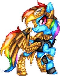 Size: 1110x1410 | Tagged: safe, artist:dasheroni, artist:scarlet-spectrum, derpibooru import, rainbow dash, pegasus, pony, amputee, artificial wings, augmented, badass, clothes, epic, female, goggles, image, looking at you, manepxls, mare, pixel art, png, prosthetic limb, prosthetic wing, prosthetics, pxls.space, raised hoof, side view, simple background, smiling, smirk, solo, steampunk, transparent background, wings