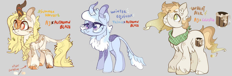 Size: 1920x636 | Tagged: safe, artist:caramelbolt24, derpibooru import, oc, unofficial characters only, earth pony, hybrid, kirin, pony, cloven hooves, crack ship offspring, earth pony oc, female, gray background, horn, image, interspecies offspring, jpeg, kirin oc, leonine tail, magical lesbian spawn, male, mare, neckerchief, offspring, parent:applejack, parent:autumn blaze, parent:trixie, parents:applelestia, parents:autumnjack, reference sheet, simple background, stallion, story included, straw in mouth