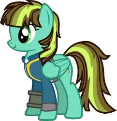 Size: 576x596 | Tagged: safe, artist:pegasski, artist:twiily-bases, derpibooru import, oc, unofficial characters only, pegasus, pony, fallout equestria, base used, clothes, eyelashes, female, image, mare, pegasus oc, pipbuck, png, simple background, smiling, solo, transparent background, vault suit, wings