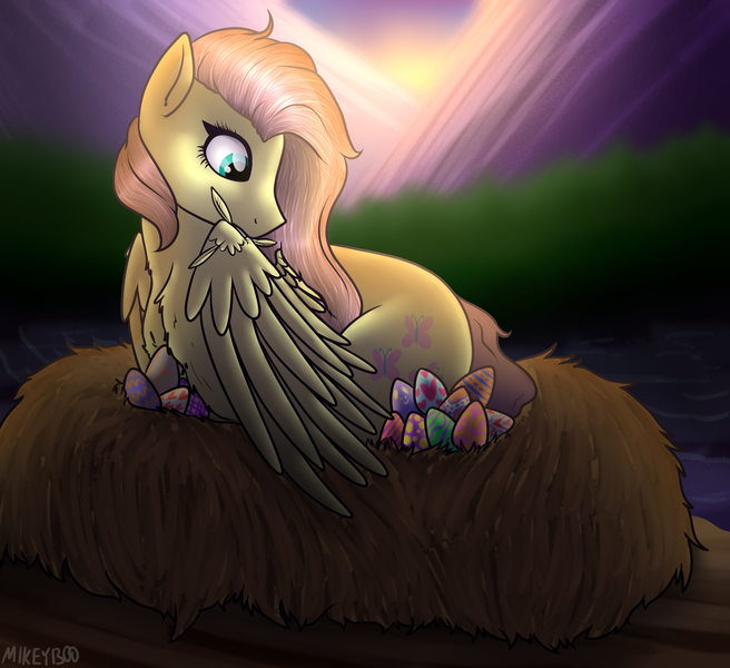 Size: 2209x2020 | Tagged: safe, artist:mikeyboo, derpibooru import, fluttershy, pegasus, pony, behaving like a bird, derpibooru exclusive, easter, easter egg, egg, grooming, holiday, image, nest, png, preening, solo, sunset