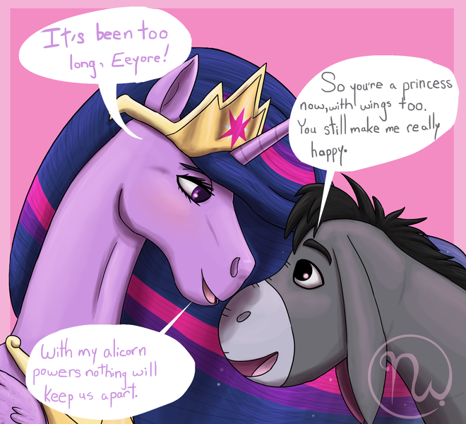 Size: 2200x2000 | Tagged: safe, artist:azurllinate, derpibooru import, twilight sparkle, alicorn, donkey, accessories, adjustment burro, black hair, blushing, crossover, crossover shipping, eeyore, featured image, female, image, interspecies, jewelry, larger female, looking at each other, love, mad magazine, mad (tv series), male, multicolored mane, png, purple eyes, shipping, size difference, smiling, speech, speech bubble, talking, tiara, twilight sparkle (alicorn), twiyore, winnie the pooh