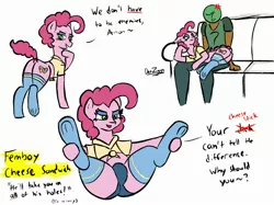 Size: 2732x2048 | Tagged: suggestive, artist:datzigga, derpibooru import, cheese sandwich, oc, oc:anon, earth pony, human, pony, bedroom eyes, blushing, bodypaint, butt, clothes, crotch bulge, femboy, image, jpeg, male, plot, socks, stockings, thigh highs, trap