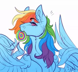 Size: 1083x1000 | Tagged: safe, artist:snowberry, derpibooru import, rainbow dash, pegasus, pony, candy, eating, food, image, jpeg, lollipop, simple background, solo, white background, wing hands, wings