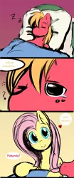 Size: 560x1343 | Tagged: safe, artist:ende26, color edit, derpibooru import, edit, big macintosh, fluttershy, earth pony, pegasus, pony, bed, colored, comic, cropped, dialogue, female, floating heart, fluttermac, heart, image, male, offscreen character, one eye closed, onomatopoeia, png, shipping, sleeping, sound effects, straight, zzz
